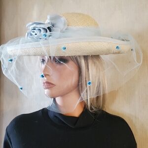 Joe Bill Miller White Wide Brim Church Easter Hat Blue Chenille Dot Veil Flowers